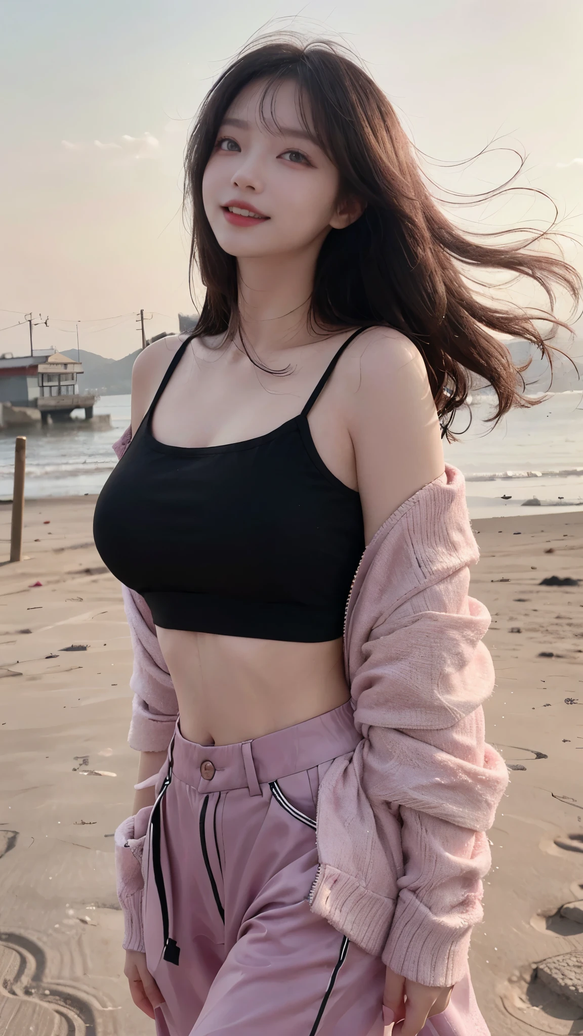 1 girl，Solo, a skirt, self-shot, Sapphire necklace, Tulle cardigan, (Black bra） (beachside：1.7) depth of fields