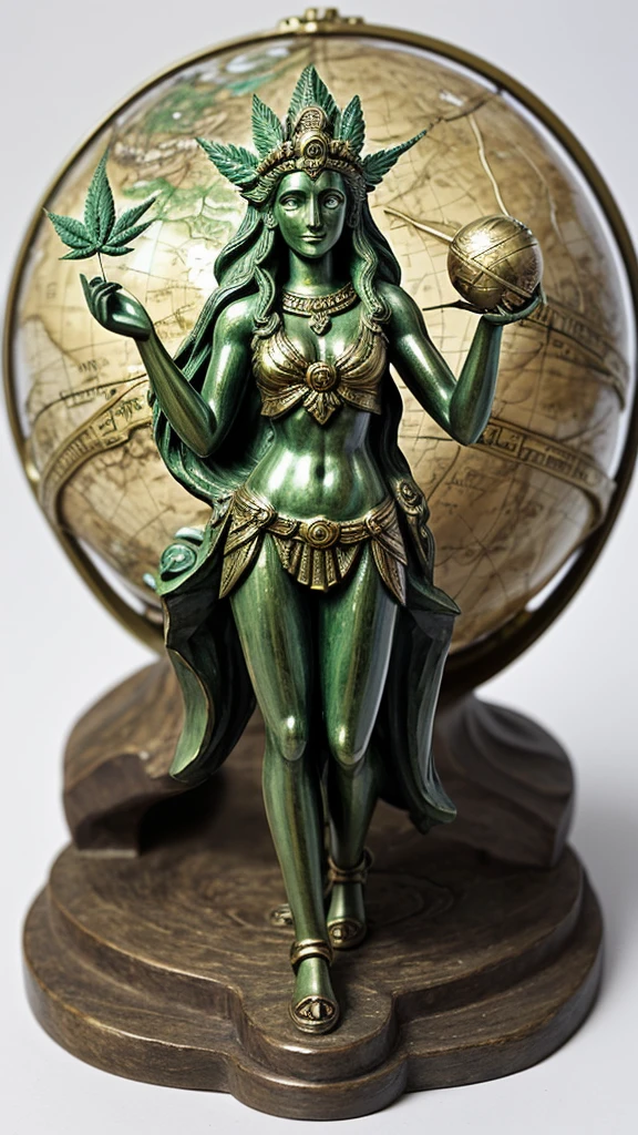 the sculpture of the goddess of justice Temis, holding the globe with a map of Brazil in her right hand and a Cannabis leaf in her other left hand