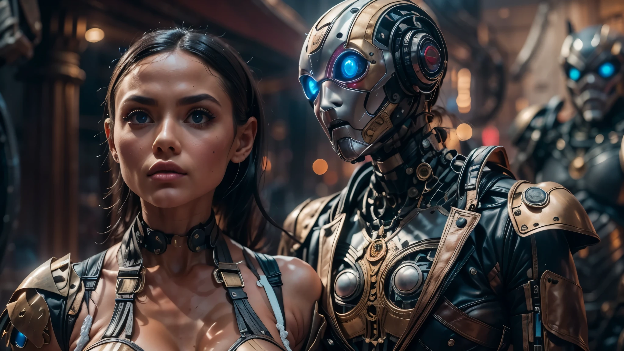 there are two robots that are standing next to each other, machines and futurist robots, death and robots, robot cyborgs, dieselpunk cyborgs, cyber steampunk 8 k 3 d, humanoid robots, still from alita, movie still of aztec cyborg, futuristic robots, from a 2 0 1 9 sci fi 8 k movie