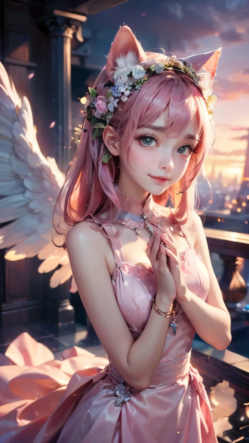 ((Highest quality)), ((masterpiece)), (detailed), 8K, High Resolution,One girl, Pink Hair, Perfect Eyes, Goddess of Athena, I'm praying, Hands together, (have confidence:1.5), (Facing forward:1.5), (Be confident:1.4), Hydrangea on background, smile, Pink Dress, Cat ear, (Angel's wing:1.2), big eyes, (The body also faces forward:1.4),