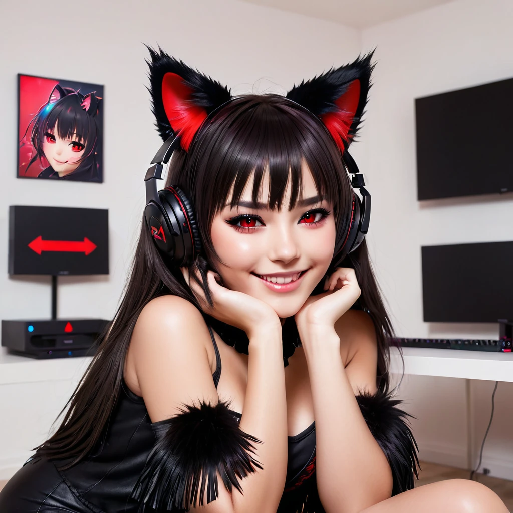 (masterpiece, best quality:1.2), 1girl, Alone, junkotvvxl, black fur, fringe, cat ears, Red eyes, with a happy expression in a gamer room