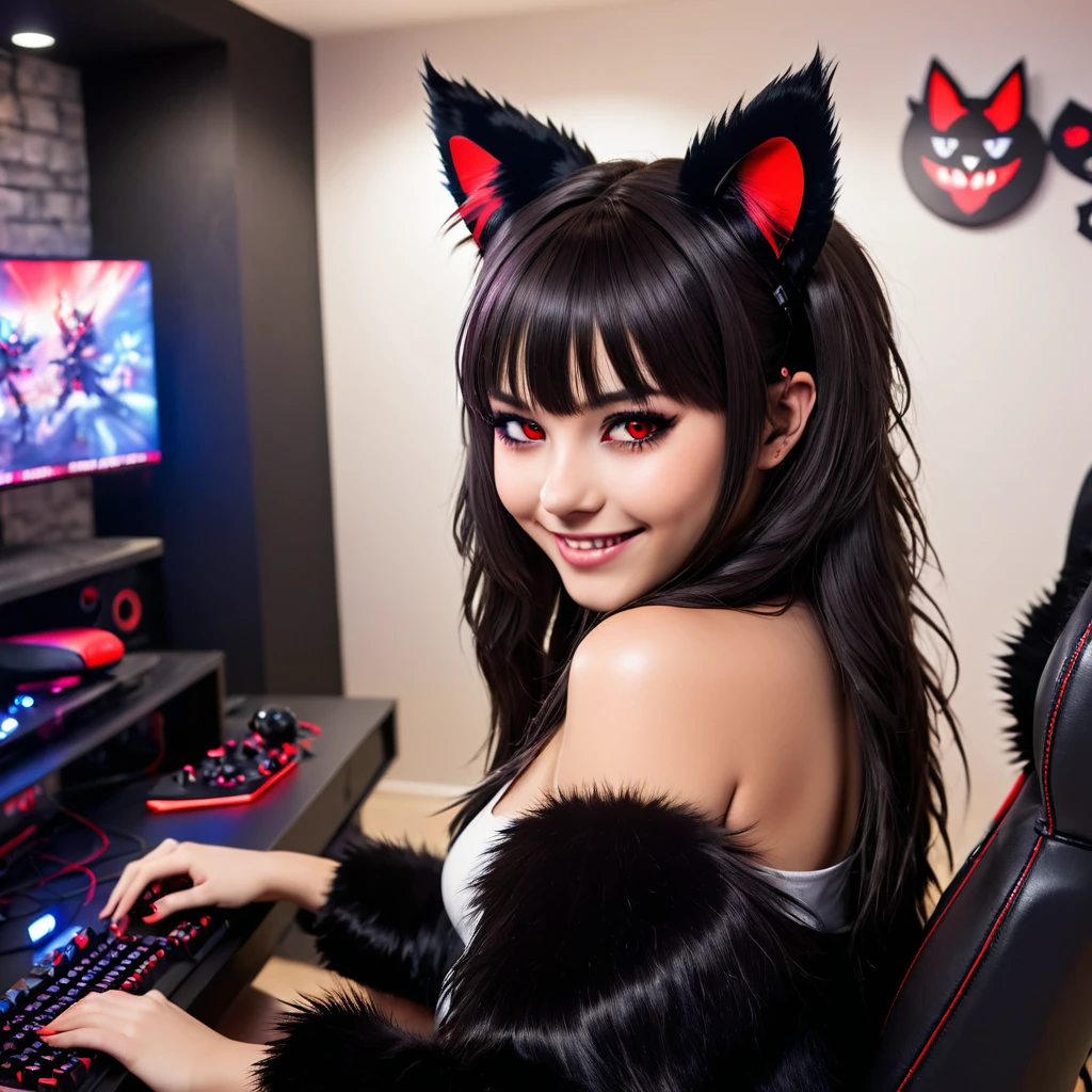 (masterpiece, best quality:1.2), 1girl, Alone, junkotvvxl, black fur, fringe, cat ears, Red eyes, with a happy expression in a gamer room