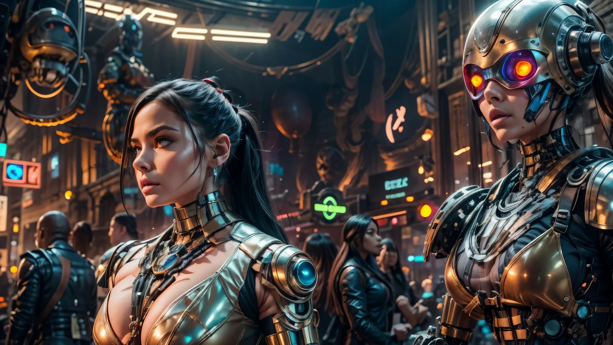 there are two robots that are standing next to each other, machines and futurist robots, death and robots, robot cyborgs, dieselpunk cyborgs, cyber steampunk 8 k 3 d, humanoid robots, still from alita, movie still of aztec cyborg, futuristic robots, from a 2 0 1 9 sci fi 8 k movie
