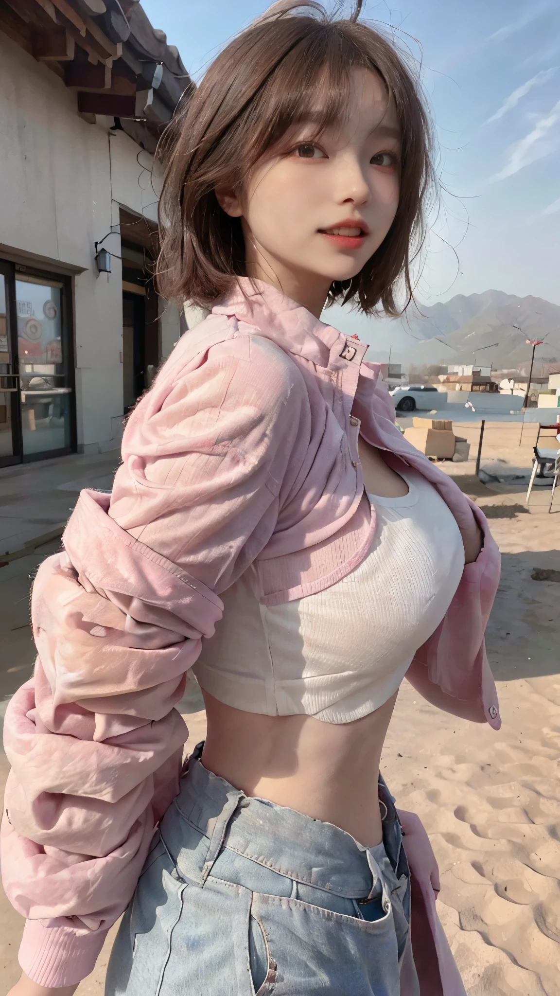 Best image quality、RAW photos、Super high resolution、21-year-old Korean、big bust、dynamic angle、cowboy shot、Chaos in its most beautiful form、elegant、brutal design、vivid colors、beautiful short hair、short bob、laugh、funny、laugh、Radiant white skin、Beautiful eyes with random colors、very thin lips、Beautiful Eyes in Every Detail、 narrow eyes、Cheeks are light pink、eyelash length、Your double eyelids are pretty、eye shadow、light brown hair、crop top、lightweight see-through jacket、harem pants、sands、Taken from diagonally below、low angle、The wind blows、hair is fluttering、feel better、full body photo