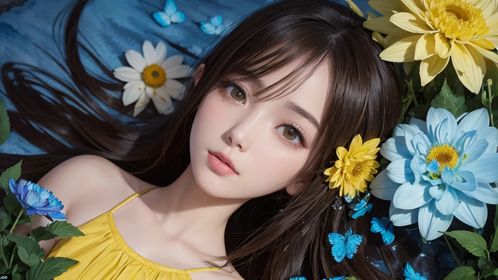32k, Masterpiece, Highest quality, One girl, Brown Hair, Detailed eyes, flower,Dahlia, Blue and yellow style,A dreamy, romantic piece,Pale yellow, Mysterious Leaves,A playful arrangement,Fantasy,High Contrast,Ink strokes,explosion,Exposure, Impression of blue and yellow tones,Abstract,((Watercolours by John Berkey and Jeremy Mann )) Brush strokes,Negative Space, Tyndall effect,