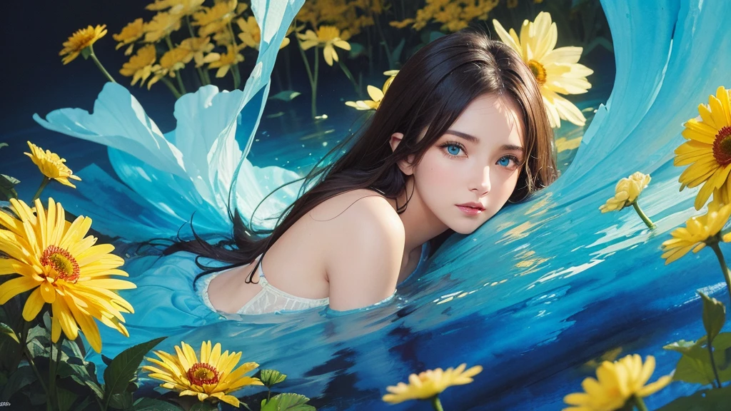 32k, Masterpiece, Highest quality, One girl, Detailed eyes, flower,Iceland Poppy, Blue and yellow style,A dreamy, romantic piece,Pale yellow, Mysterious Leaves,A playful arrangement,Fantasy,High Contrast,Ink strokes,explosion,Exposure, Impression of blue and yellow tones,Abstract,((Watercolours by John Berkey and Jeremy Mann )) Brush strokes,Negative Space, Tyndall effect,