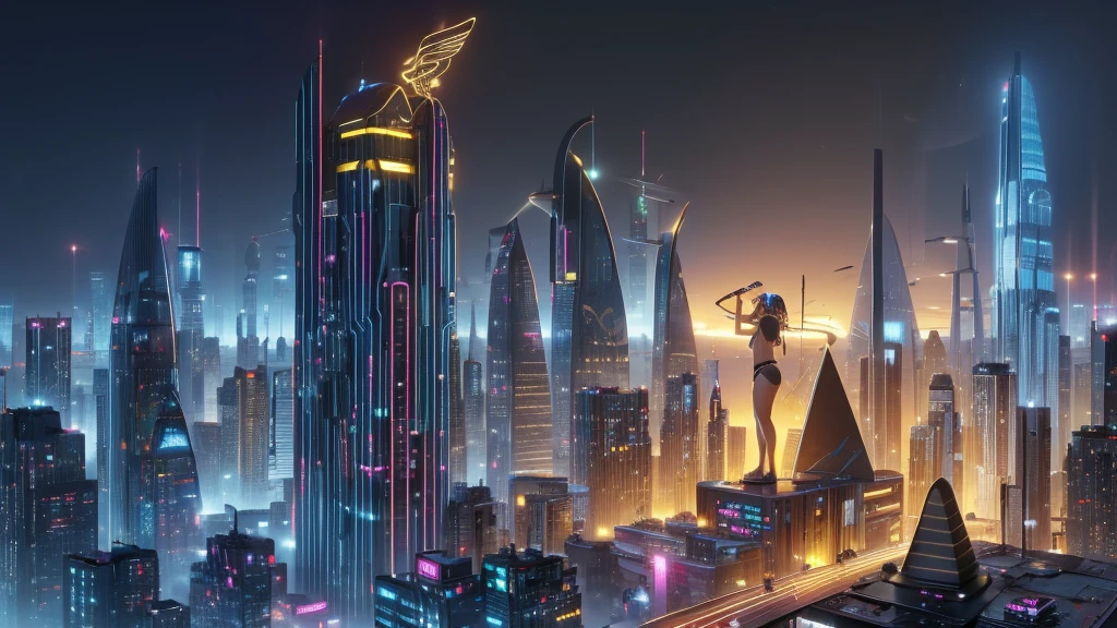 (((a large-breast bikini slim GIRL with black micro sunglasses))), (((aiming at viewer with a pistol))), a balcony of a futuristic building, aerial view of an ultra-futuristic megalopolis, many metal buildings and houses in dark colors from dark blue to black, a cidade tem tons de cinza metal, has smoky metal structures , industrial environment with smoke and fog around, carros escuros nas ruas, desert megalopolis, trilhos e trens modernos de de metal passando estre as ruas da cidade, tall futuristic metal buildings, many ultra modern buildings around, (((an Egypt sphinx statue on the top of building))), realistic, detailed, sci-fi.