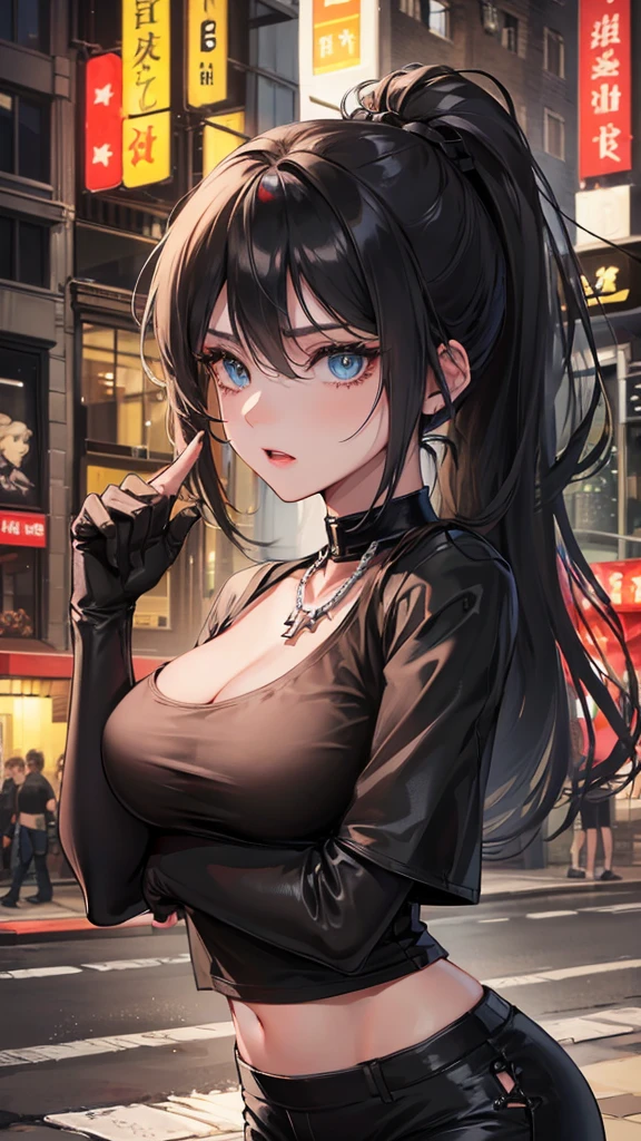 Photograph of the upper body of a beautiful woman, , (big breasts), (small waist, perfect body), Sharp focus, (tall body, mature woman), ((Looking ahead)), (Highly detailed skin, hair follicles:1.4,) (long ponytai hair style, black hair, blue eyes) , (black t-shirt:1.47),(green pants),chain , There are tears. , Cross necklace , wearing a black leather jacket, cross chain, city scenery , punk , night light , high quality ,cold expression, one leather gloves