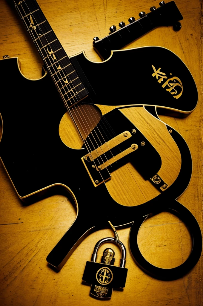 what say ( THE FAKE) estilo buchon, black and gold ( boy beard padlock, guitar ( logo ) silhouette only
