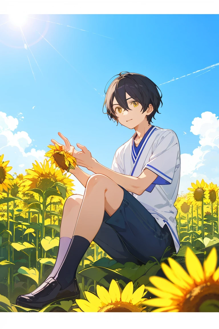 Painting of a boy sitting in a flower bed, One boy, coronation of Prince of Flowers, Official Anime Artwork, Prince of Flowers, scene : Sunflower field, scene: Sunflower field, bright summer day, Poster ; summer, Official artwork, Yellow sunshine, shigenori soejima illustration, Beautiful sunflower anime girl, Anime Cover, Bright sunny day