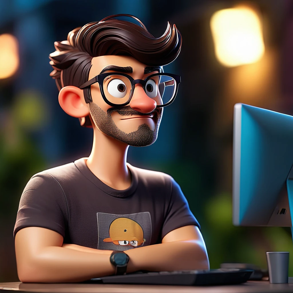 (Masterpiece, best quality, raw photo, 8k, highest resolution) hasselbad, portrait, head and shoulders close-up, male, 30s, smiling, trendy haircut, glasses, watching a computer, , bokeh, Geek , nerdy, with a t-shirt that says maqui in a nighttime environment