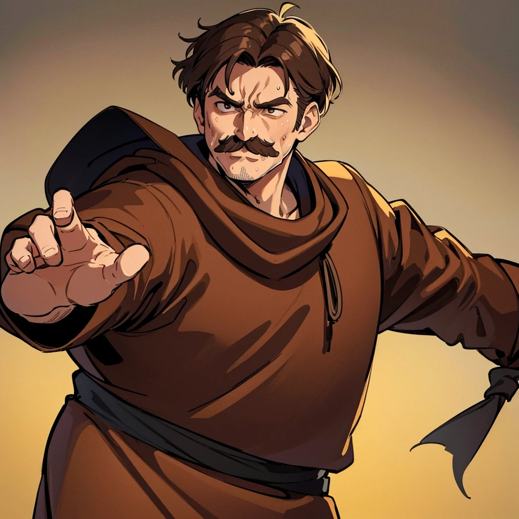 ((((Solo))))、Highest quality, Best Quality,Best illustrations、middle ages、(((Simple brown robe)))、(40-year-old uncle、mature、Kaiser moustache)、(rage、Sweat)、dance