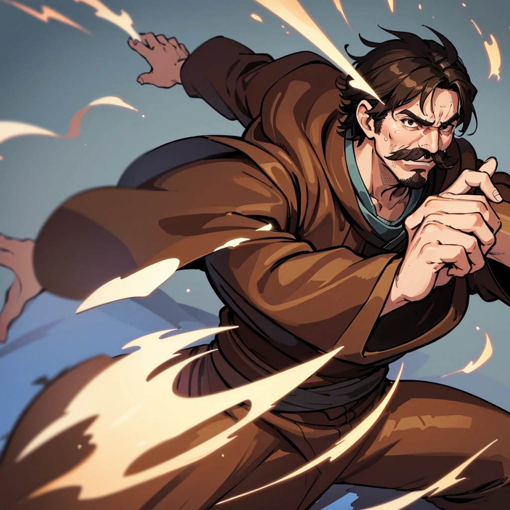 ((((Solo))))、Highest quality, Best Quality,Best illustrations、middle ages、(((Simple brown robe)))、(40-year-old uncle、mature、Kaiser moustache)、(rage、Sweat)、dance