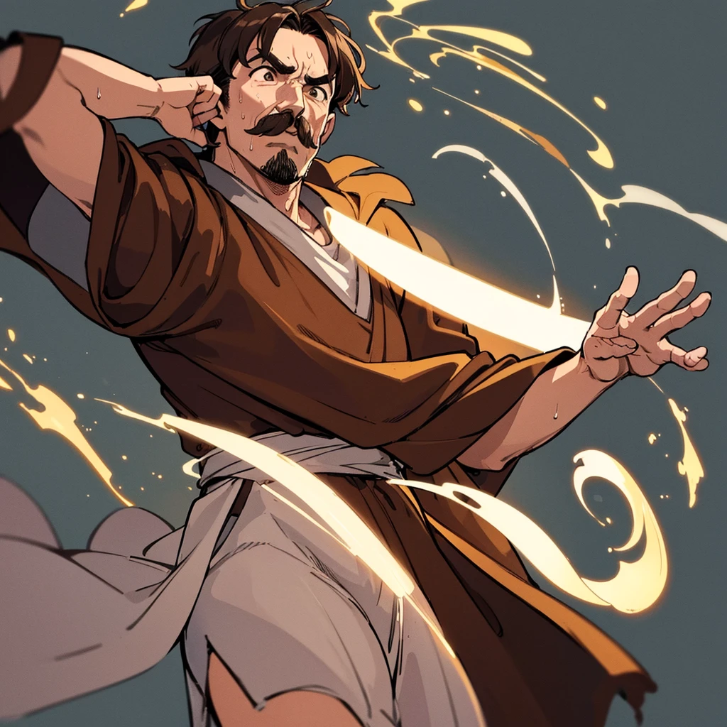 ((((Solo))))、Highest quality, Best Quality,Best illustrations、middle ages、(((Simple brown robe)))、(40-year-old uncle、mature、Kaiser moustache)、(rage、Sweat)、dance