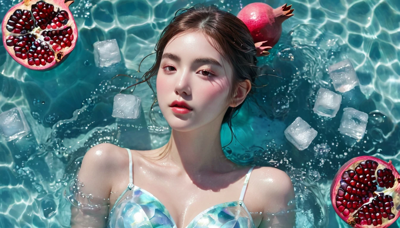 Summer Pomegranate Girl,Dopamine teenage, Cool summer days,Ice cubes,The watery girl,Delicate skin,Hydration,Shiny,Shiny,dream,Front view,bust,pearl,Pomegranate fruit