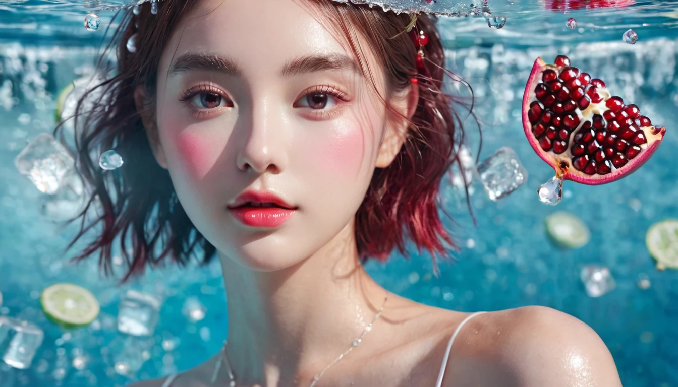 Summer Pomegranate Girl，Dopamine teenage， Cool summer days，Ice cubes，The watery girl，Delicate skin，Hydration，Shiny，Shiny，dream，Front view，bust，pearl，Pomegranate fruit