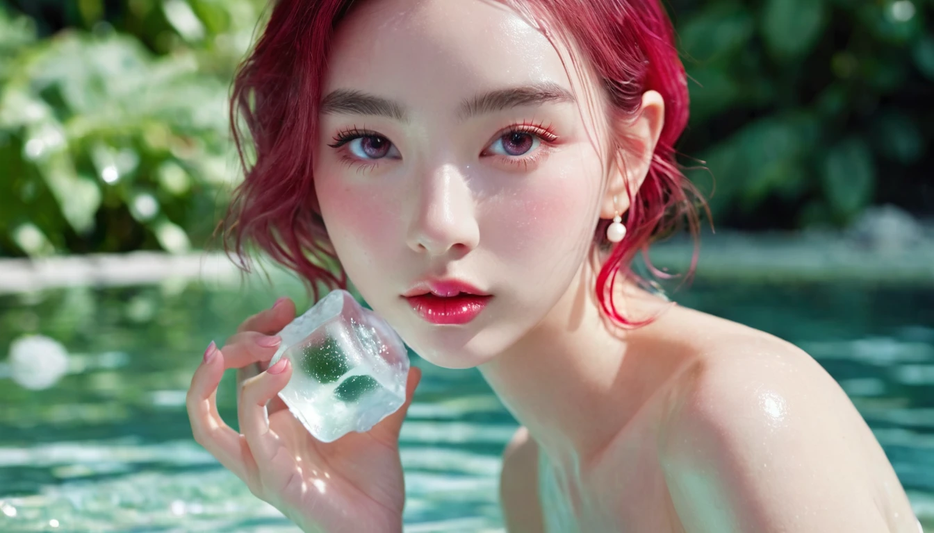 Summer Pomegranate Girl,Dopamine teenage, Cool summer days,Ice cubes,The watery girl,Delicate skin,Hydration,Shiny,Shiny,dream,Front view,bust,pearl,Pomegranate fruit