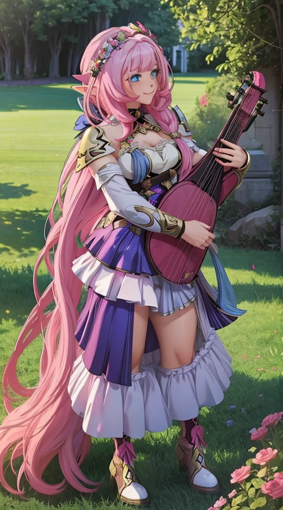 beautiful adult women elf, long pink hair and blue streaks hair, green eyes, with flower crown, smile, flirty bard, playing a small harp, boots, blue and pink armor dress, medium bust,