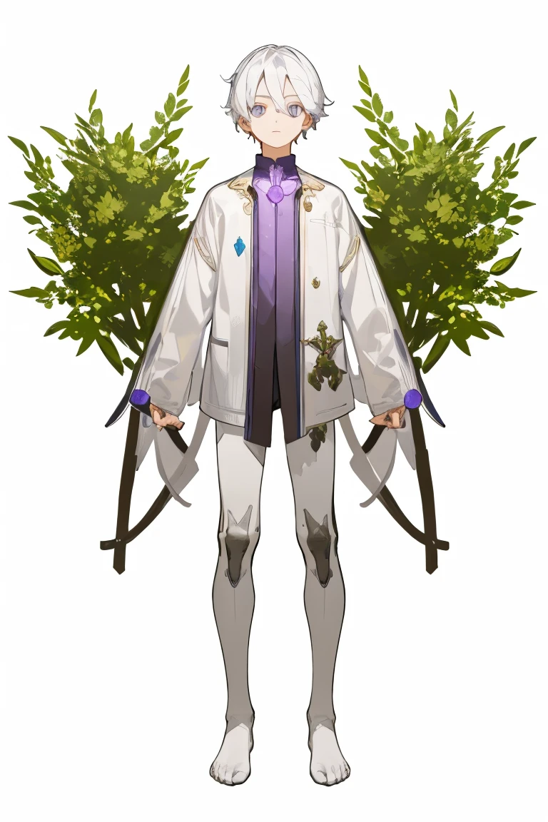 masterpiece, Best lighting, (((Very detailed))), Highest quality, lilac, whole body、whole bodyイラスト、1boy, Forest Fairy, Lily of the valley, ((Mysterious Forest Boy)), Perfect Anatomy, A cute boy, Great body, Perfect balance, (((VTuber whole body)), No background, Blank Background, ((((((White Background)))))))