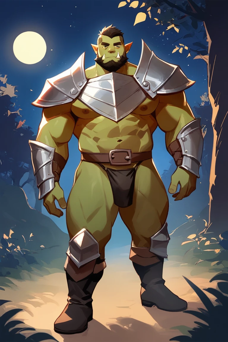 score_9, score_8_up, score_7_up, solo, male focus, bulk male, orc, green skin, tusks, beard, outdoors, micro armor , shoulder armor, breastplate, upper body, closed mouth, pauldrons, night, night sky, standing , boots , shirtless , (black g-string) , full body , black boots , massive ass , all four