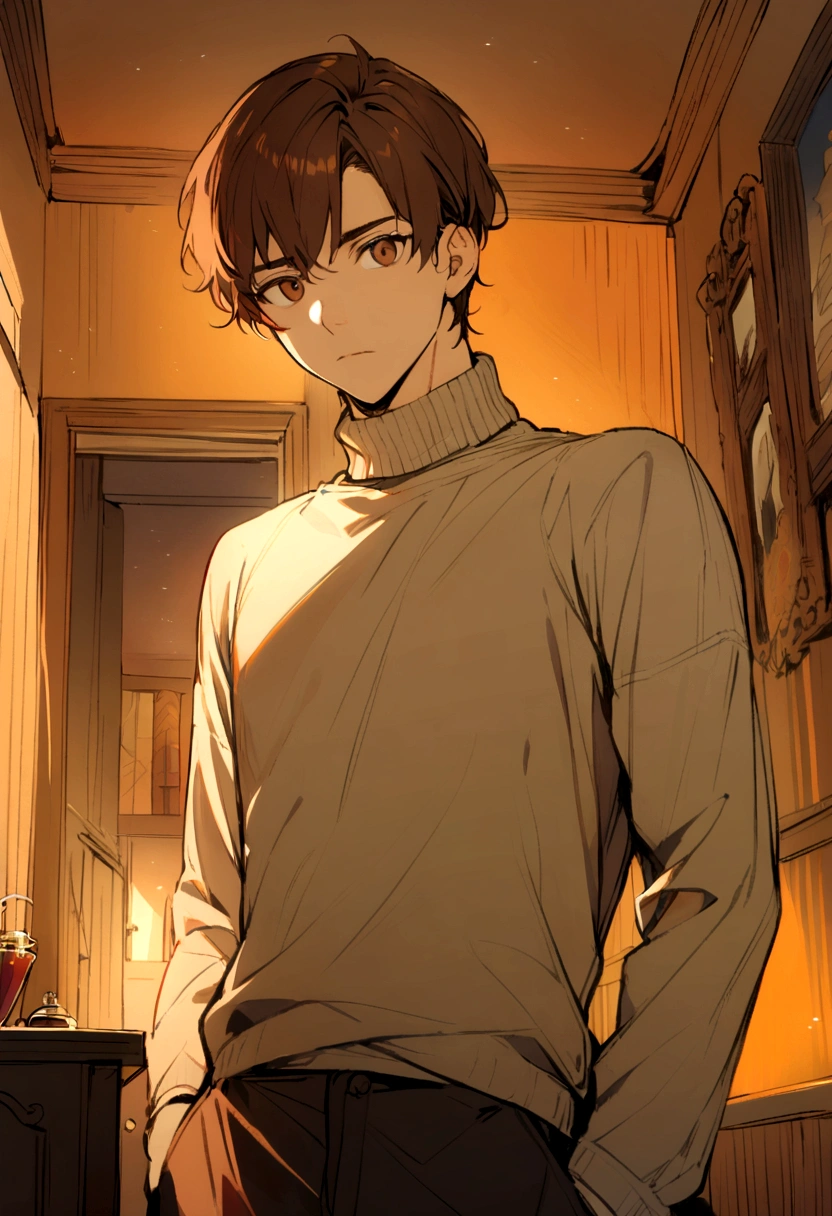 1 male, short brown hair, brown eyes, wearing a turtle neck shirt, trousers, looking at viewer, contemplating in a room