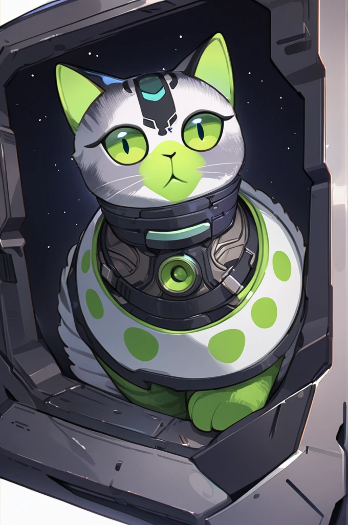 Solo, female, grey fur, brown eyes, detailed eyes, glasses, detailed hands, brown hair, hair bun, big breasts, slightly chubby, turtleneck, green spacesuit, plain fur, pink nose, lips, snout, spaceship, window, smoggy planet, factories, crowds of people in the background, by buta99, by chelodoy, by spikedmauler, by cervina7