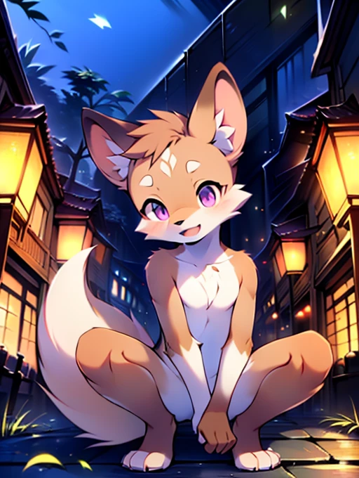 Civet cat, Little Boy, cute, (alone), (((Has brown and white fur))), Big purple eyes, Blushing, smile, Open your mouth, walking, night, Ancient Asian cities, bright street lights, Blue and black slate road, Empty Streets, Starry Sky, Shadow, Detailed facial depiction, ((Accurate hand drawing)), レンブラントの光とShadow, Ultra-fine，Completely naked，Naked，Naked，Full nudity，Nude，Barely，Fully visible，Spread your legs and point your crotch，Embarrassing，Embarrassed look，On all fours，Put your hands and feet on the ground，Sit like a dog，quadruped，Accurate hand and foot count，shame，Estrus，first round，Fantasy，Anime-style depiction，