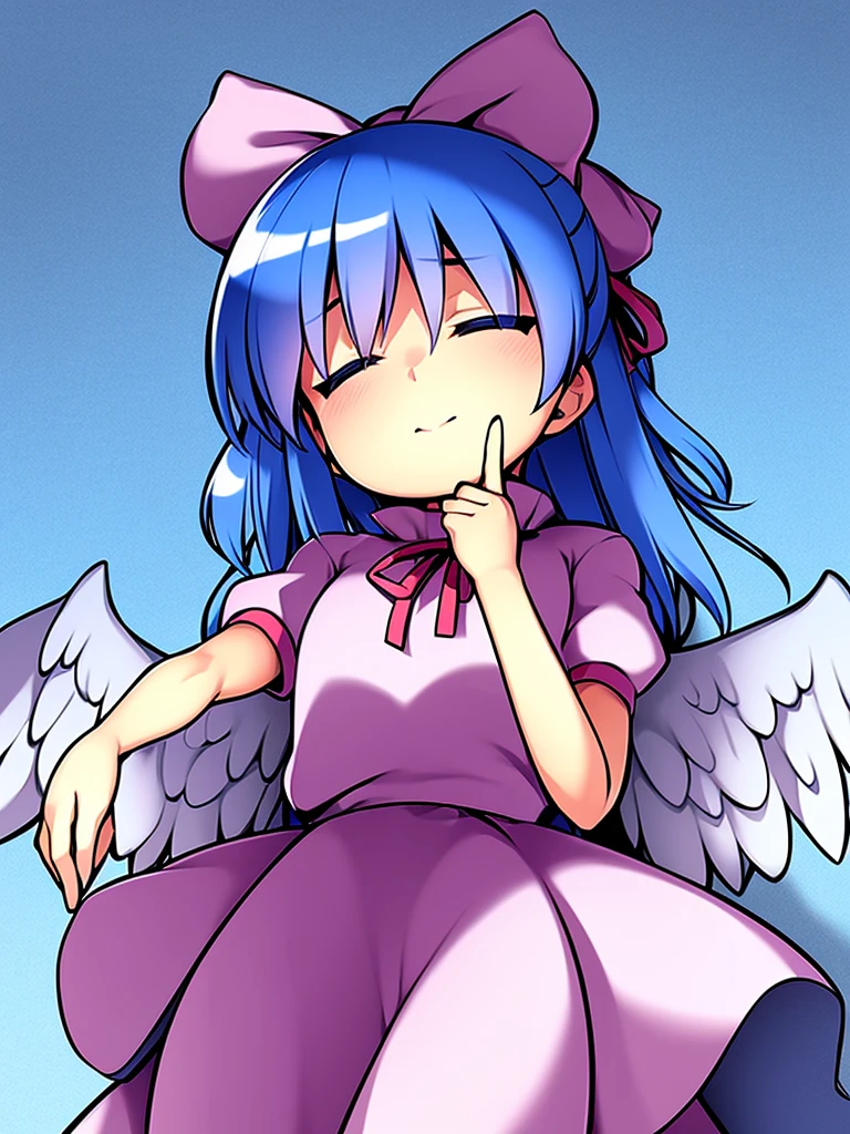 masterpiece, best quality, 1girl, , , 10 years old, medium blue hair, hair flaps, pink ribbon on head, well-formed face, blue eyes, angel girl, white blouse, puffy short sleeves, red ribbon, angel wings, long white skirt, red shoes, frills, ribbon head, from behind, to lift up one’s skirt, cowboy shot, from front, standing , raise one leg, crossed arms, arms up behind, arms behind back, hand between legs, put hands hip, one hand on hip, forward hands, arms raised in the air, punch hands, peace sign, waving, put up index finger, sit, lie down, closed eyes, lie face down, looking back, put one hand chest, leaning forward, cleavage, close up, horizontally outstretched arms, horizontally outstretched legs, front view, front face