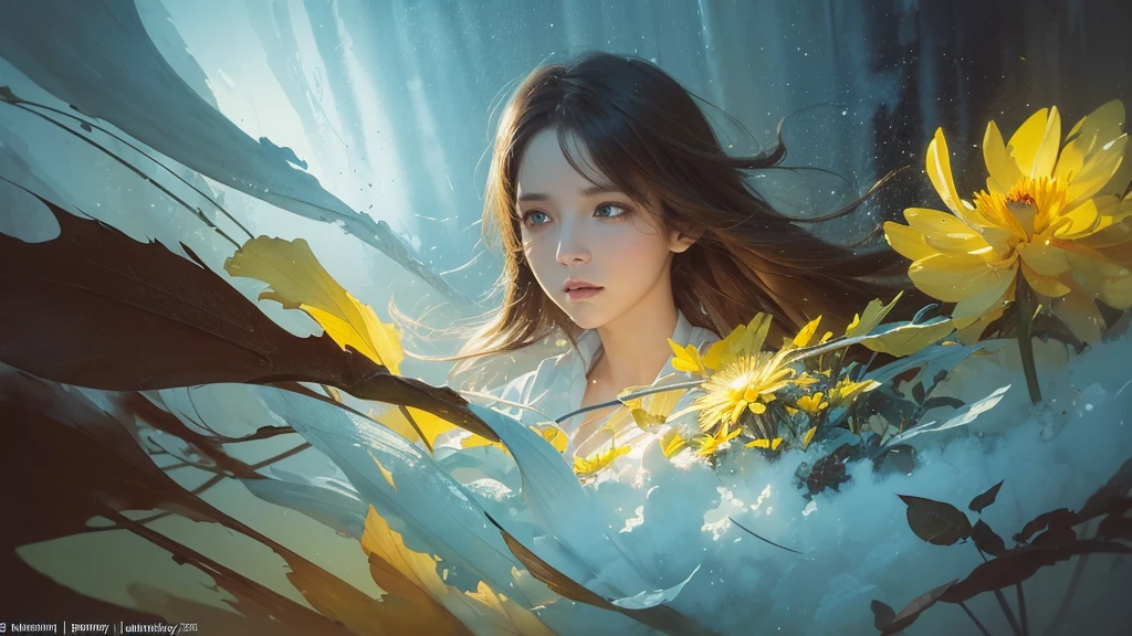 32k, Masterpiece, Highest quality, One girl, Brown Hair, Detailed eyes, flower,Dahlia, Light blue and yellow style,A dreamy, romantic piece,Pale yellow, Mysterious Leaves,A playful arrangement,Fantasy,High Contrast,Ink strokes,explosion,Exposure, Impression of light blue and yellow tones,Abstract,((Watercolours by John Berkey and Jeremy Mann )) Brush strokes,Negative Space, Tyndall effect,