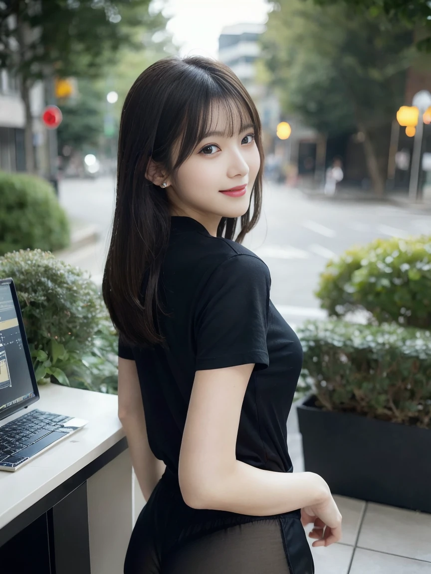 masterpiece, full body, (beautiful eyes: 1.2) ultra hot sexy sensual young woman,
(coding programing sitting on a chair), monitor and pc show browser and vscode,
(from behind: 1.4), black big loose T-shirt, very short hot pant, (full body), at home
BREAK
detailed eye, Puffy eyes, straight medium hair, black hair,
top-quality, high resolution, (Realisticity: 1.4), japanese, Asian Beauty, Super beauty, Beautiful skin, (big boobs), body facing forward, (wide shot), (wide field of view),(A hyper-realistic), (hight resolution), (8K), (ighly detailed), (beautifully detailed eyes), (ultra-detailliert), (wal 1-), (Natural smile). A detailed face, looking at viewert, age19, tall