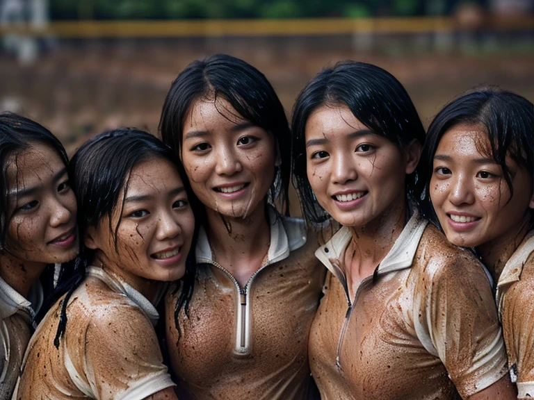 (A plain white short sleeved dirt stained field hockey uniform with a very tight white half zip:1.7)、(A large, dirt-stained, white, square collar: 1.6)、(Red clay ground:1.5)、My hair is wet and messy、(Beautiful Japanese woman covered in dirt:2.5)、Highest quality, masterpiece, Ultra-high resolution, Photorealistic, Raw Photos,Detailed face,(Muscular woman:2.4), (Fastener open: 1.8), (Upper body zoom up:1.0),(Everyone wears the same clothes:1.0), All members are super beauties, (Group photo of beautiful Japanese women huddled together: 1.5), (Hair tied up: 1.4), (Gentle expression:2.1), Bright photo, (My whole body is drenched in rain: 1.7), (Covered in mud and earth: 1.5)
