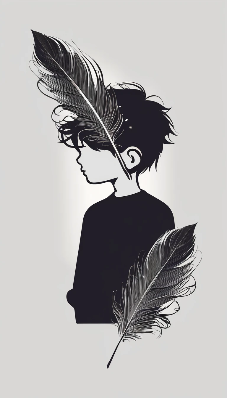A minimalist, fantastic, poetic, dreamy, captivating, memorable, masterpiece, modern, simple logo design of a boy and a feather for the brand “Penamemoria". The logo must convey a sense of music, stories and dreams. Minimalistic logo design of a boy and a feather.