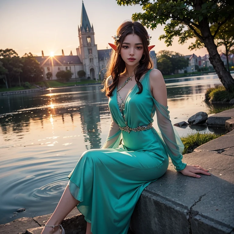 A beautiful young elf, dressed in an elegant bright multicolored dress, long and pompous. She is sitting on the shore of a magical lake with crystal clear water... his feet are in the water. With the backdrop of a beautiful sunset that highlights the figure of the elf and her beautiful face., You can also see an elven palace that appears to be made of glass under the reflection of sunlight.., the image evokes a couple, tranquility and beauty, hyperdetailed, Luz outfit, real lights and shadows.