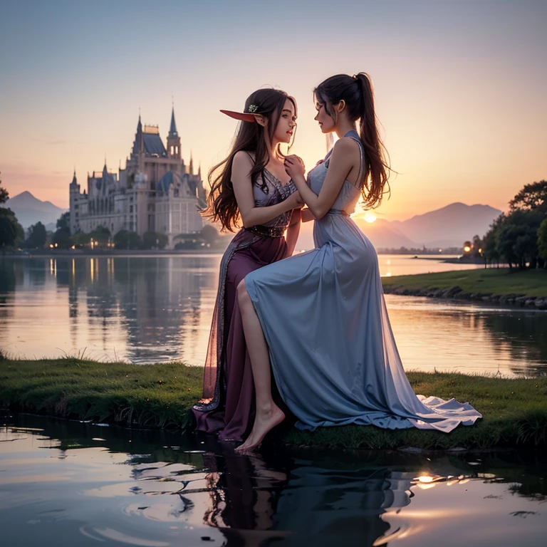 A beautiful young elf, dressed in an elegant bright multicolored dress, long and pompous. She is sitting on the shore of a magical lake with crystal clear water... his feet are in the water. With the backdrop of a beautiful sunset that highlights the figure of the elf and her beautiful face., You can also see an elven palace that appears to be made of glass under the reflection of sunlight.., the image evokes a couple, tranquility and beauty, hyperdetailed, Luz outfit, real lights and shadows.