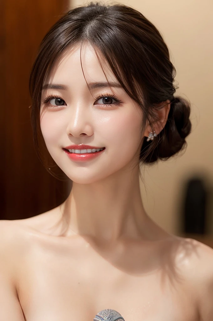 (masterpiece:1.3), high resolution, ultra detailed, extremely detailed CG unity 8k wallpaper, realistic, photo-realistic, RAW photo, beautiful detailed face, pale skin, realistic glistening skin, detailed cloth texture, detailed hair texture, Perfect body, Beautiful Face, accurate, Anatomically correct, Highly detailed face and skin texture, natural neck length, (beautiful hands), (fair skin:1.1), (well-aligned teeth:1.1), (Sweaty skin:1.2), 
BREAK, 
Detailed eyes, symmetric eyes, Light Brown eyes, Double eyelids, Thin eyebrows, (Glossy lips:1.4), ((A face with waiting for a kiss:1.2)), (blush:1.1),  (beautiful smile:1.1), (having microphone:1.3),
BREAK, 
(A classy and Cute idol:1.3), (nude, nsfw, very erotic nipple:1.4), 
BREAK, 
medium large breasts, slender figure, firm abs, 
((half updo, black hair, bangs:1.2)),  (cowboy shot:1.2), (looking at viewer), cowboy shot, (From front:1.5), 
BREAK, 
 (sitting behind of the table:1.3), 