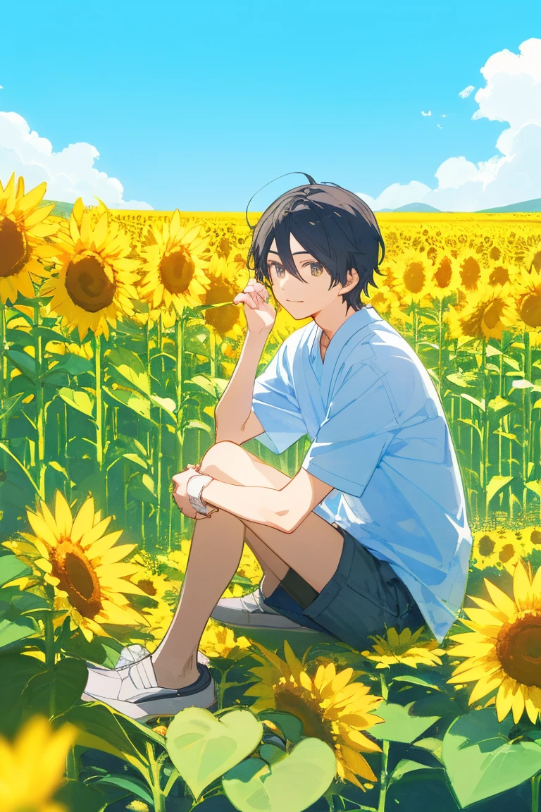 Painting of a boy sitting in a flower bed, 1boy, coronation of Prince of Flowers, Official Anime Artwork, Prince of Flowers, scene : Sunflower field, scene: Sunflower field, bright summer day, Poster ; summer, Official artwork, Yellow sunshine, shigenori soejima illustration, Beautiful sunflower anime girl, Anime Cover, Bright sunny day