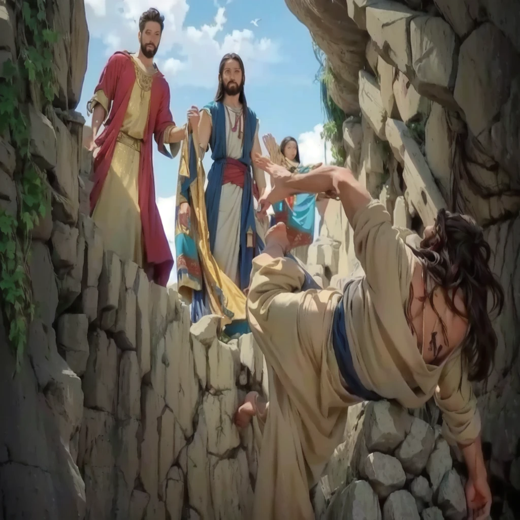 arafed image of jesus is falling from a cliff, bible illustration, epic biblical depiction, biblical art style, jesus wasted at a , full color illustration, by Juan O'Gorman, full color digital illustration, ( art fitzpatrick ), by Jason Felix, colored illustration, parody work, blocking the sun, digitally colored, official art, epic scene