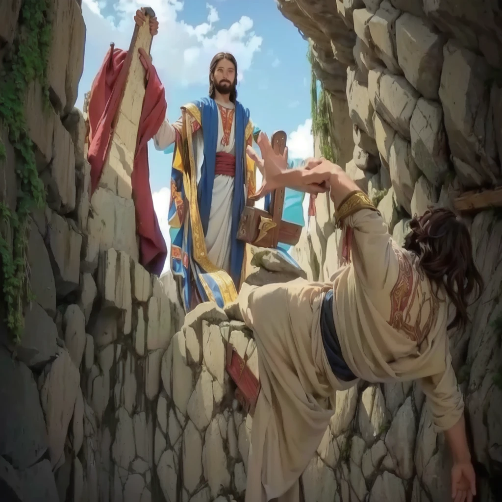 arafed image of jesus is falling from a cliff, bible illustration, epic biblical depiction, biblical art style, jesus wasted at a , full color illustration, by Juan O'Gorman, full color digital illustration, ( art fitzpatrick ), by Jason Felix, colored illustration, parody work, blocking the sun, digitally colored, official art, epic scene