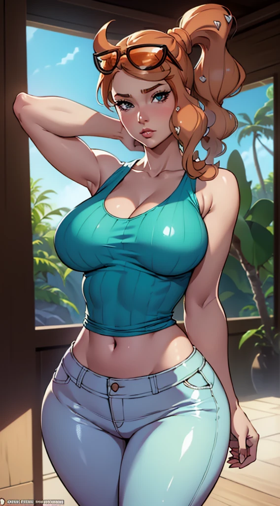 a close up of a cartoon of a woman with large breasts, sexy body, navel, Sonia from pokemon, cutesexyrobutts, artgerm and lois van baarle, style artgerm, high quality fanart, unparalleled masterpiece, ((tank top)), tight pants, lab coat, arms behind head, ultra realistic 8k CG, perfect artwork, (1girl:1.1), solo, ((perfect female figure)), looking at viewer, (teasing), best quality:1.1 , seductive posture, sexy pose, alluring, (beautiful), earrings, jewelry, (large breasts:1.3, (big_breasts:1.1), (shiny skin:1.2), (hdr), (tropical paradise:1.2), Nikon D850 film stock photograph Kodak Portra 400 camera f1.6 lens, rich colors, lifelike texture, dramatic lighting, unreal engine, trending on ArtStation, by Gerald Brom, by Frank Frazetta, by Luis Royo, by Julie Bell, by Boris Vallejo