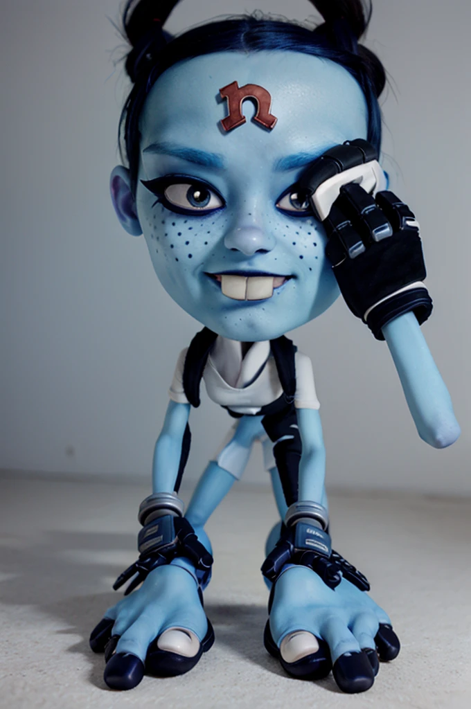 barefeet, five-toed feet, nina cortex, short black hair, blue skin, freckles, black eyes, buck teeth, mechanical gloves, forehead mark 'n', nina, feet