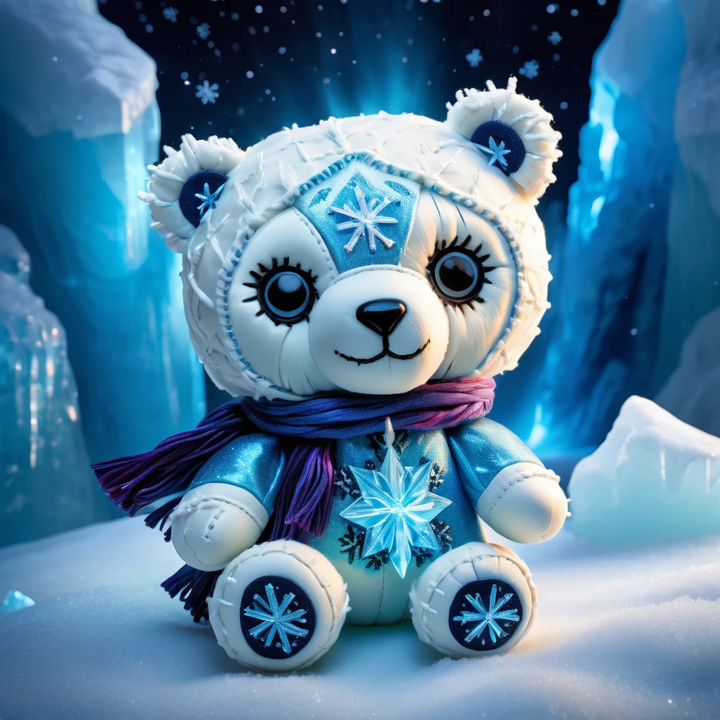 (knitted toy voodoo doll:1.9), (Voodoo Polar Bear:1.2) (Ice Mage:1.3), (Clothing: icy cloak with glowing frost patterns:1.0), (Accessories: enchanted ice crystal emitting sparks of ice magic, levitating spectral snowflakes:1.1), (background: arctic landscape with floating icebergs, glowing auroras, and spectral snowflakes:1.2), best quality, masterpiece, detailed soft oil painting, detailed background, dramatic cinematic lighting, soft edge lighting, professional, dramatic lighting, hard edge lighting, ultra quality, 4k,masterpiece, best quality, 8k, ultra highres, highres, extremely detailed