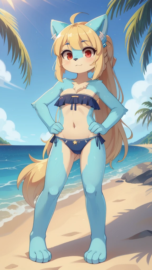 score_9,score_8_up,score_7_up, source_cartoon, source_furry, Furry girl, dog, wavy bangs, long wavy ponytail, blonde hair, red eyes, small breasts, detailed body fur, ((star hairpin, dark blue strapless fringed bandeau bikini, fringed bikini bottom)), blue feathered wings, masterpiece, looking at you, two tone body fur, turquoise body fur, clear turquoise body fur, detailed face, big eyebrows, detailed eyes, detailed body, detailed hands, glistering body, shiny body, skinny, :3, floppy dog ears, beach, clear sky, hands on hips,