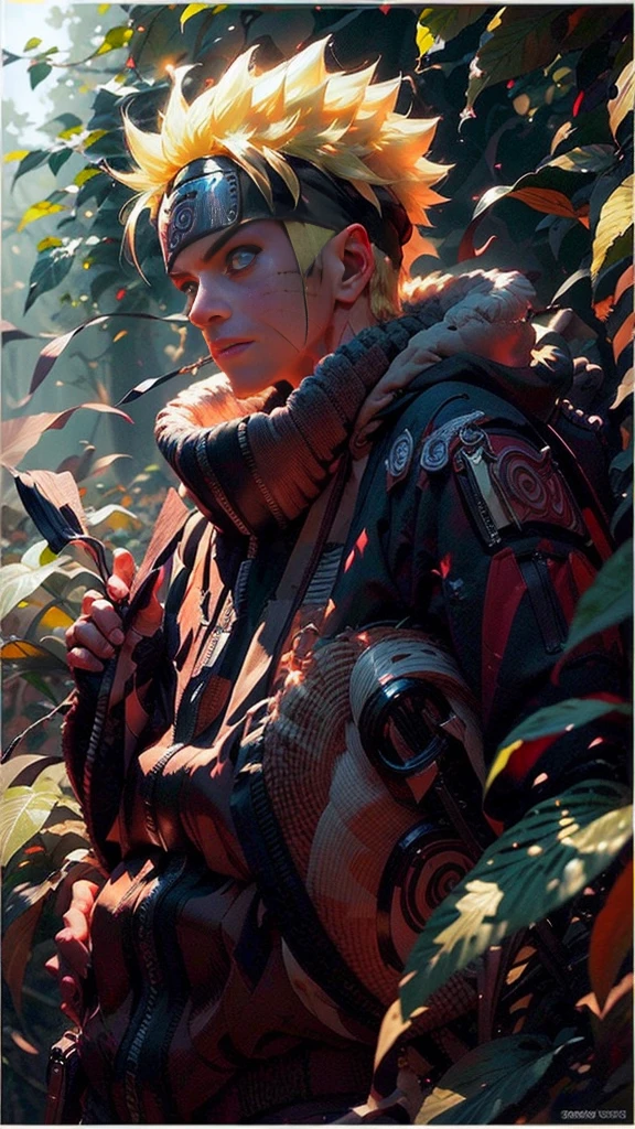 (best quality), (masterpiece), ultra-detailed, 1boy, uzumaki naruto, epic pose, action, particle effects, long sleeve, emphasis lines, movement lines, full body of naruto uzumaki, masterpiece, best quality, full detailed, 1boy, handsome, male, looking at viewer, naruto, Detailed blue eye,yellow hair, konoha realistic detail leaf headband, eye realistic, realistic eye brow, nose realistic, mouth realistic,skin realistic, face realistic, head realistic, body realistic, background art cinematic, backpack, big eye sharp, photorealistic, photoshoot, only three line in face, naruto uzumaki dress code. electricity , aura, conbat in the forest vs samurai 1.4 , combat in the forest bamboo