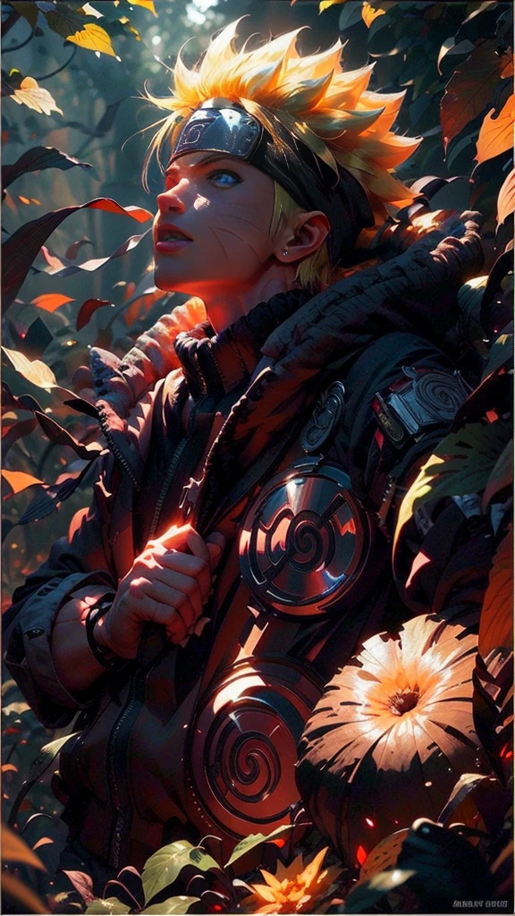 (best quality), (masterpiece), ultra-detailed, 1boy, uzumaki naruto, epic pose, action, particle effects, long sleeve, emphasis lines, movement lines, full body of naruto uzumaki, masterpiece, best quality, full detailed, 1boy, handsome, male, looking at viewer, naruto, Detailed blue eye,yellow hair, konoha realistic detail leaf headband, eye realistic, realistic eye brow, nose realistic, mouth realistic,skin realistic, face realistic, head realistic, body realistic, background art cinematic, backpack, big eye sharp, photorealistic, photoshoot, only three line in face, naruto uzumaki dress code. electricity , aura, conbat in the forest vs samurai 1.4 , combat in the forest bamboo