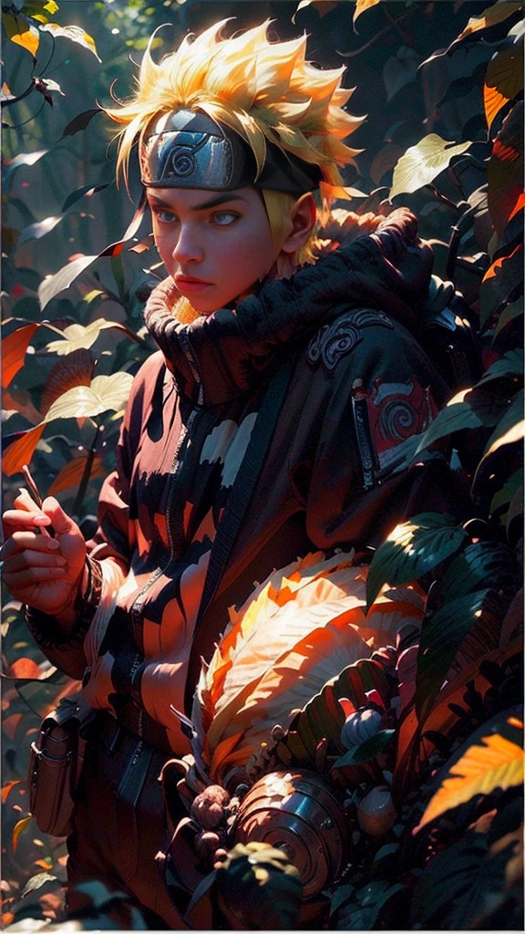 (best quality), (masterpiece), ultra-detailed, 1boy, uzumaki naruto, epic pose, action, particle effects, long sleeve, emphasis lines, movement lines, full body of naruto uzumaki, masterpiece, best quality, full detailed, 1boy, handsome, male, looking at viewer, naruto, Detailed blue eye,yellow hair, konoha realistic detail leaf headband, eye realistic, realistic eye brow, nose realistic, mouth realistic,skin realistic, face realistic, head realistic, body realistic, background art cinematic, backpack, big eye sharp, photorealistic, photoshoot, only three line in face, naruto uzumaki dress code. electricity , aura, conbat in the forest vs samurai 1.4 , combat in the forest bamboo