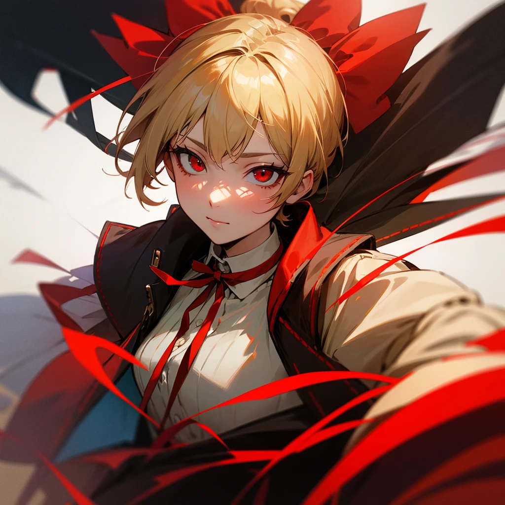 high quality, 最high quality, masterpiece, Absurd, red_Jacket, ribbon, red_eye, blonde_hair, short_hair, hair_ribbon, 