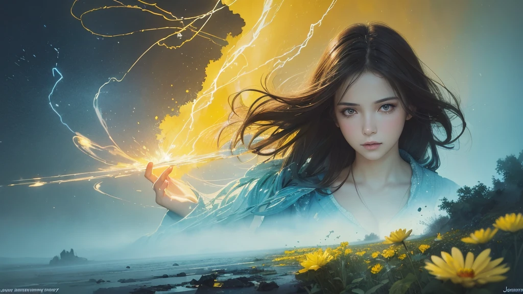 32k, Masterpiece, Highest quality, One girl, Brown Hair, Detailed eyes, flower,Dahlia, Light blue and yellow style,A dreamy, romantic piece,Pale yellow, Mysterious Leaves,A playful arrangement,Fantasy,High Contrast,Ink strokes,explosion,Exposure, Impression of light blue and yellow tones,Abstract,((Watercolours by John Berkey and Jeremy Mann )) Brush strokes,Negative Space, Tyndall effect,