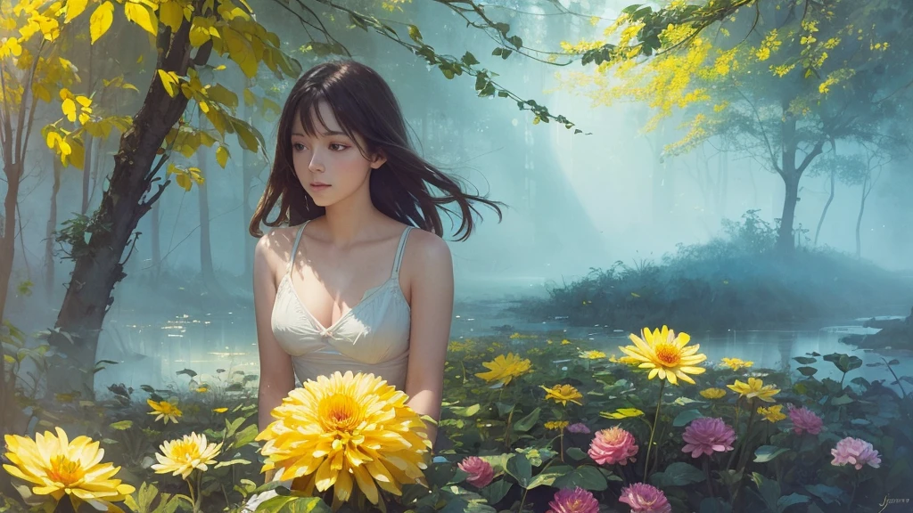32k, Masterpiece, Highest quality, One girl, Detailed eyes, flower,gladiolus, Yellow and pink style,A dreamy, romantic piece,Pale yellow, Mysterious Leaves,A playful arrangement,Fantasy,High Contrast,Ink strokes,explosion,Exposure, Impression of yellow and white tones,Abstract,((Watercolours by John Berkey and Jeremy Mann )) Brush strokes,Negative Space, Tyndall effect,