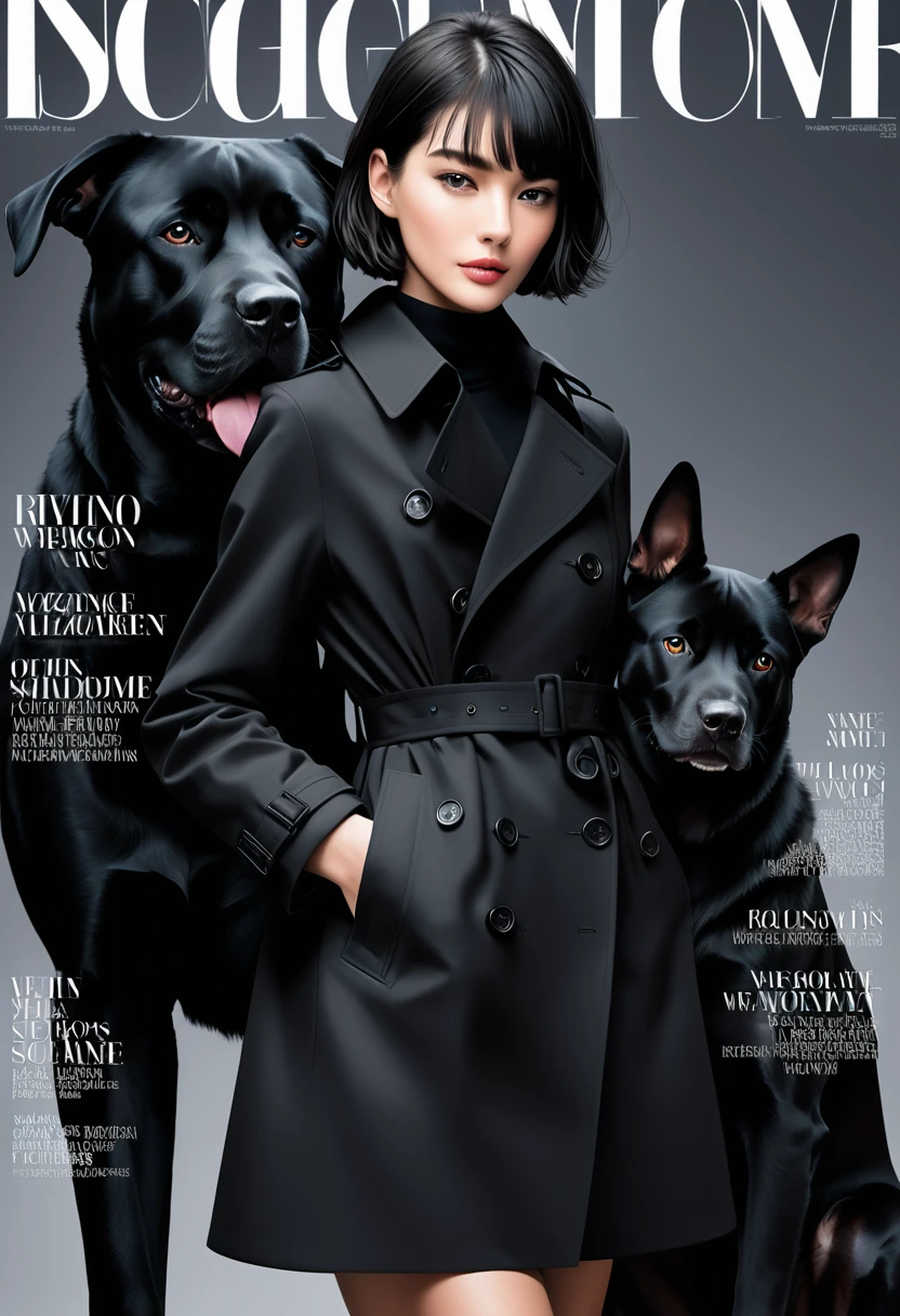 Magazine design,Fashion magazine cover,Black trench coat,Short hair girl,Handsome,1 big black dog