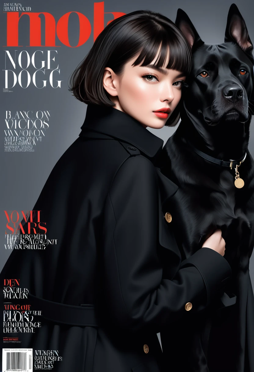 Magazine design,Fashion magazine cover,Black trench coat,Short hair girl,Handsome,1 big black dog